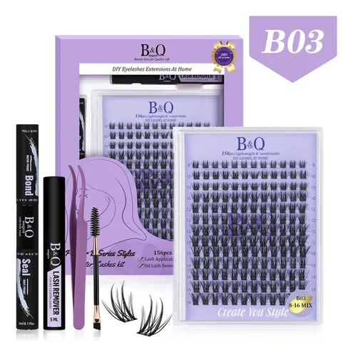 Kit Extensão de Cílios B&Qaugen B03 com Curvatura D, Adesivo e 156 Unidades para Aplicação Fácil