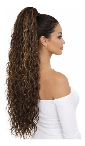 Rabo De Cavalo Ondulado Bio Humano Loiro Mel Com Mechas 70cm