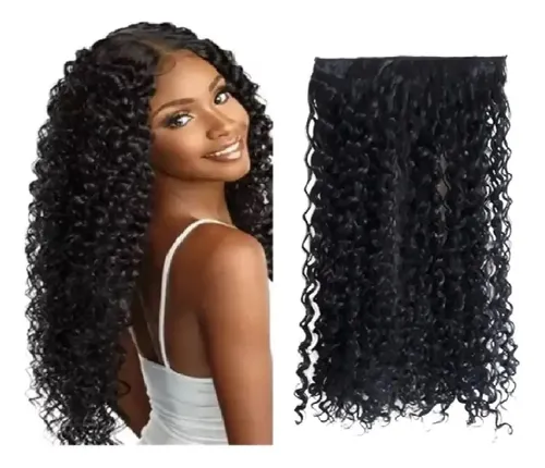 Aplique Tic Tac Cabelo Cacheado Bio Humano 60cm 150gr 1 Tela Cor Preto