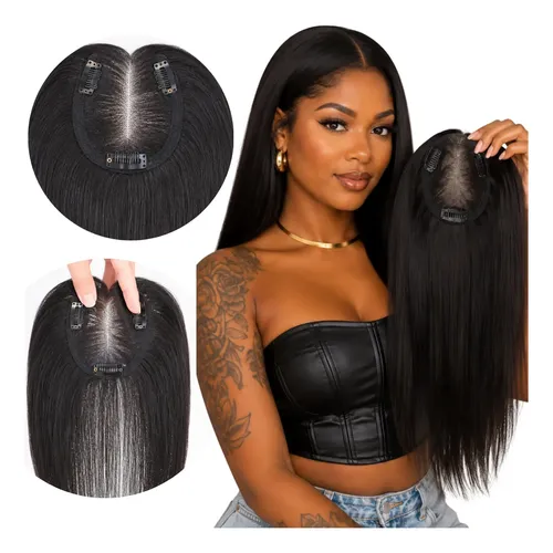 Topo Capilar Humano Natural Com Presilhas Preto 20cm