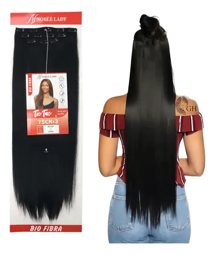 Aplique Tic Tac Yan Hair Bio Fibra Preto Liso 80cm Extensão